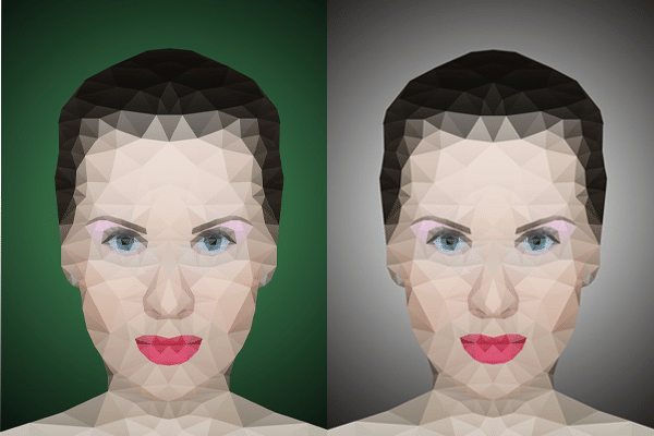 Das Bild ist zweigeteilt. Auf der linken Seite ist ein polygon gestaltetes Frauengesicht vor grünem Hintergrund zu sehen. Das selbe Gesicht ist auf der rechten Bildseite vor grauem Hintergrund abgebildet.