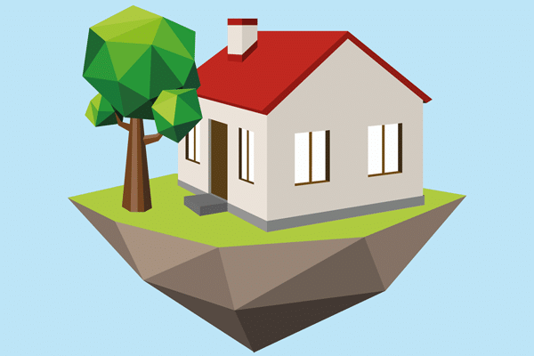 Das Bild ist in polygoner Optik auf hellblauem Hintergrund gestaltet. Ein Haus steht auf einem grünen Untergrund, der als Aushub der Erde braun unterlegt ist. Neben dem Haus steht ein Baum.