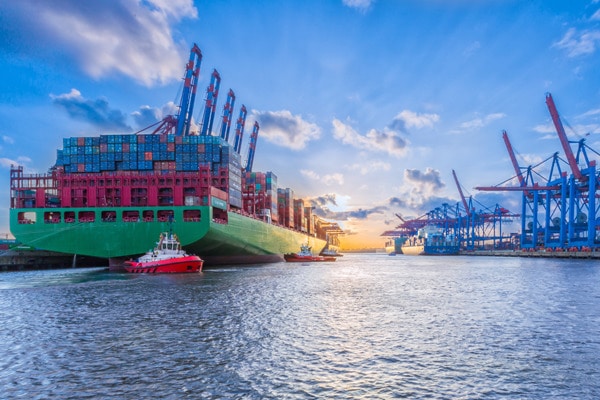 Ein Bild des Hamburger Hafens. Vorne ein Containerschiff, rechts im Hintergrund die Krananlagen