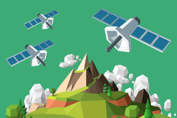 Illustration: Drei Satelliten schweben über Bergspitze
