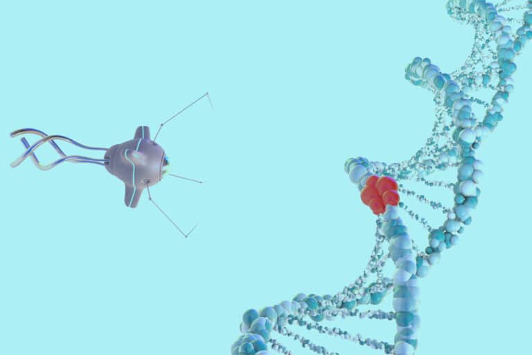 Illustration: Nanoroboter und DNA-Strang