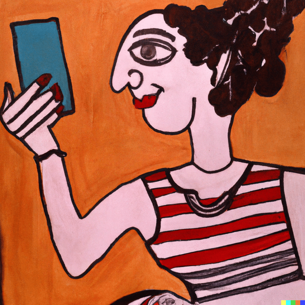Bild von DALL-E 2.0 erstellt: Frau macht Selfie von sich im Stil von Picasso